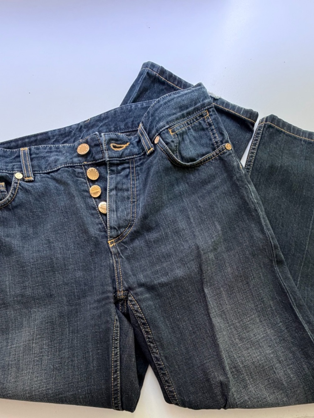 Louis Vuitton Women’s Straight Jeans in Dark Blue with Gold Buttons